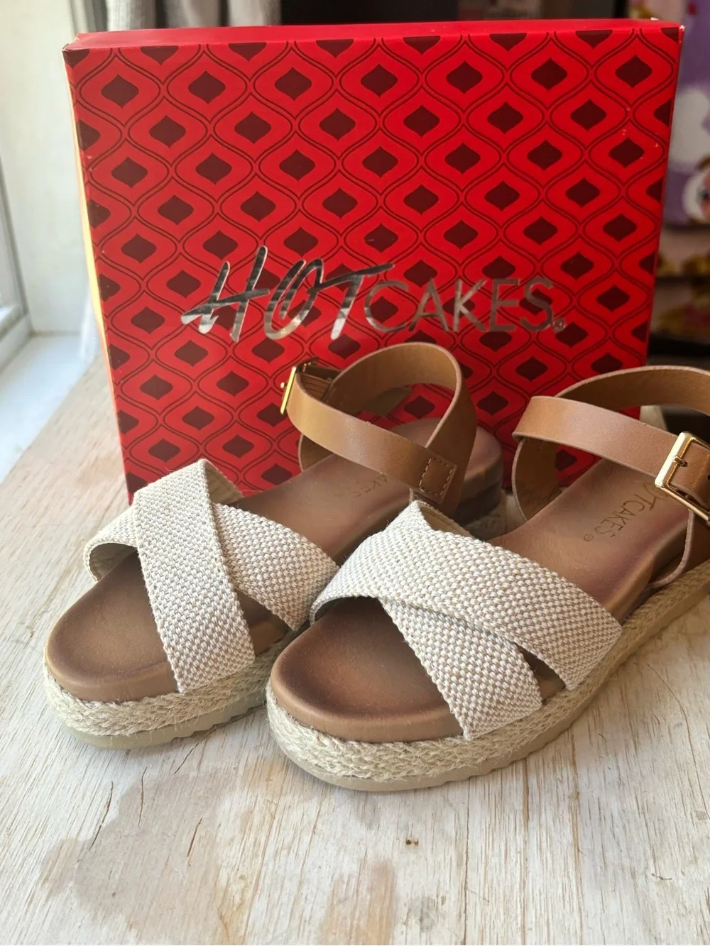 Hot Cakes Cream Woven Espadrille Sandals with Tan Ankle Strap